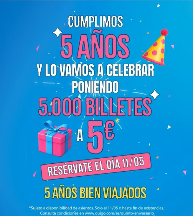 OUIGO celebra cinco años en España con 5.000 billetes a 5 euros