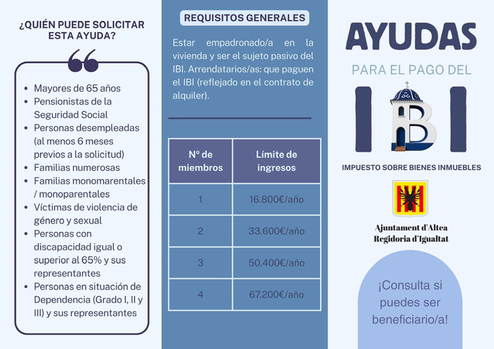 Altea lanza ayudas de hasta 300 euros para el pago del IBI dirigidas a colectivos vulnerables