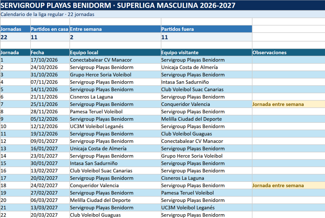 Calendario Servigroup Benidorm 2026-2027