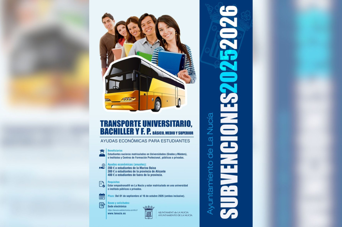 La Nucía abre plazo de la subvención “Transporte a Estudiantes 25-26” el 1 de septiembre