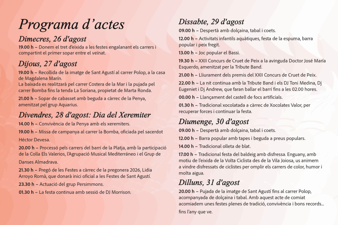 Programa fiestas Sant Agustí Villajoyosa 2026