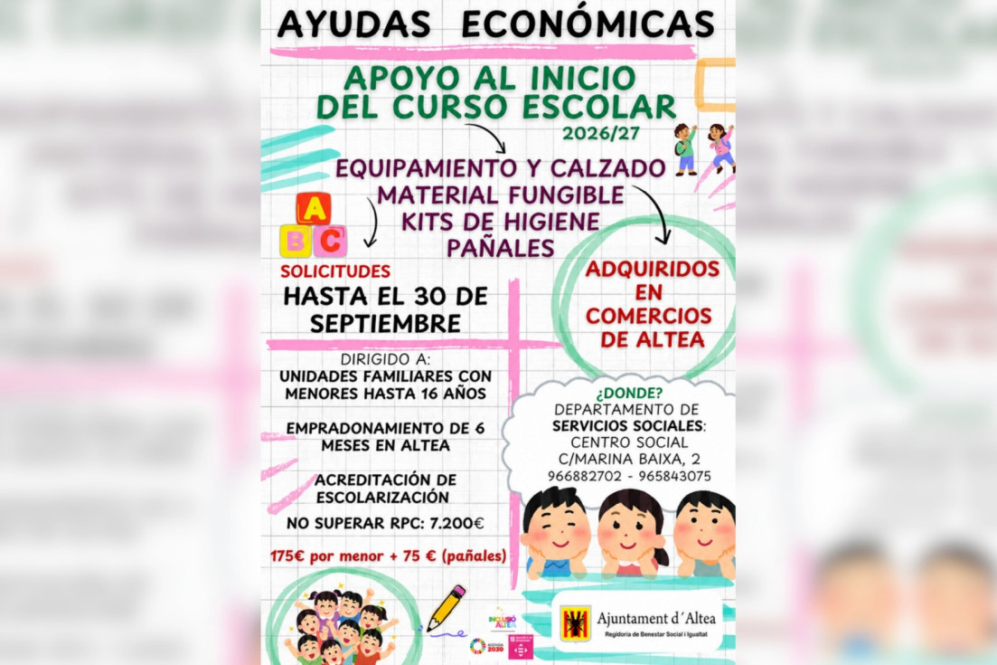 Altea activa ayudas de 175 euros por menor para afrontar la vuelta al cole